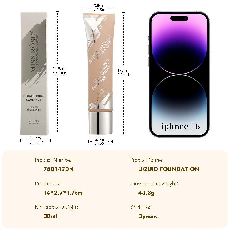 MISS ROSE Flat Tube Liquid Foundation Not Easy Fade, Moisturizing Foundation Cream Suitable For All Skin Tones Daily Face Makeup