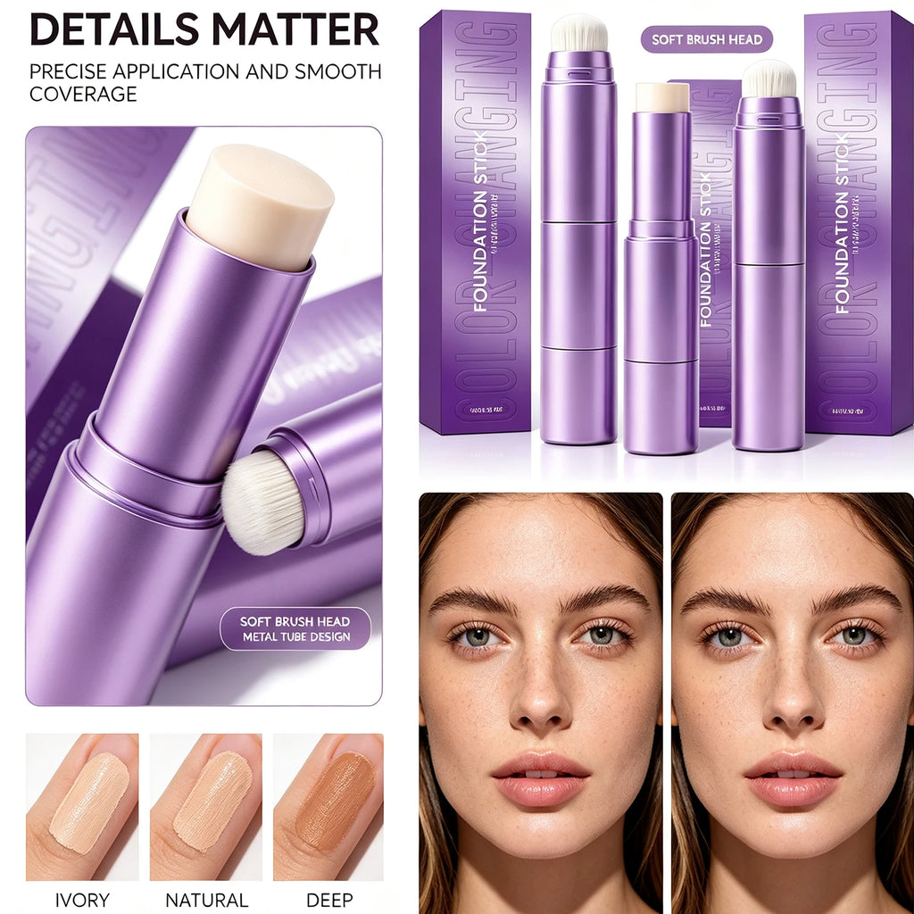 2 in 1 Color Changing Foundation Stick Dual Ended Brush Design Lightweight Natural Fit Skin Long Lasting Smooth Texture 10g