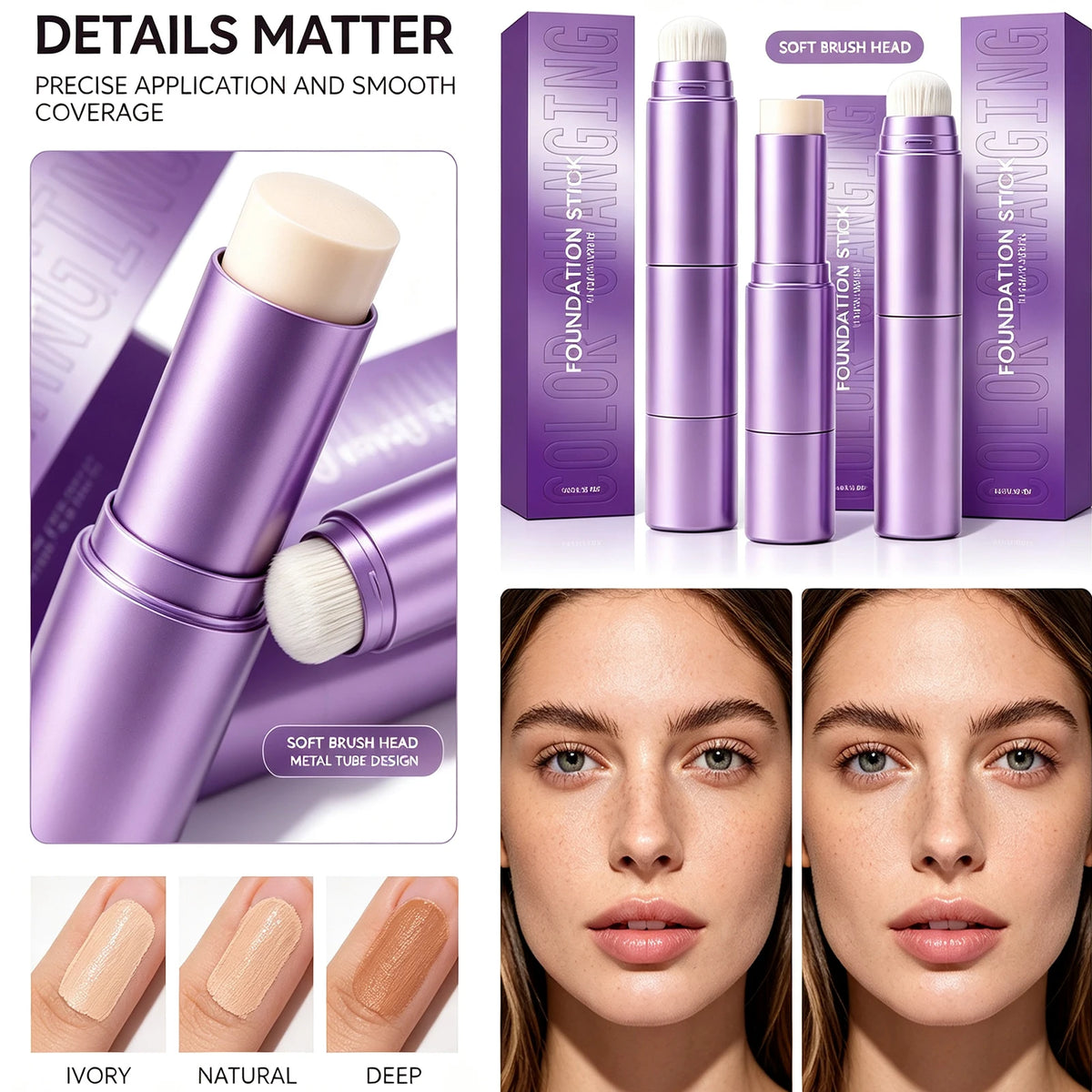 2 in 1 Color Changing Foundation Stick Dual Ended Brush Design Lightweight Natural Fit Skin Long Lasting Smooth Texture 10g