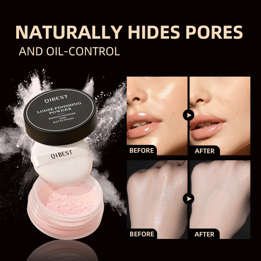 QIBEST Loose Powder Setting Powder Long Lasting Brightening Oil Control Full Coverage Smooth Natural Face Makeup Cosmetics