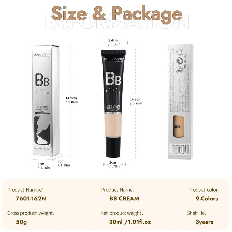 MISS ROSE 30ml BB Cream Lightweight Hydrating Foundation Conceals Blemishes Evens Skin Tone Makeup For Daily Facial Cosmetics